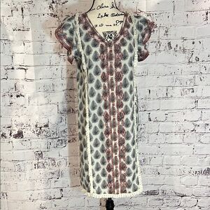 Boho Patterned Pale Green Dress with Red and Black Accents